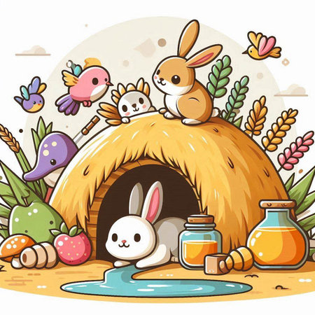 Illustration of Cute Easter Bunnies in a Farmhouseのイラスト素材