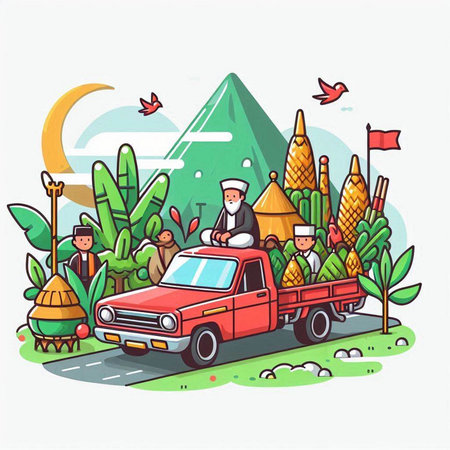 Cartoon vector illustration of Muslim man in traditional clothes and hat driving a car on the road.のイラスト素材