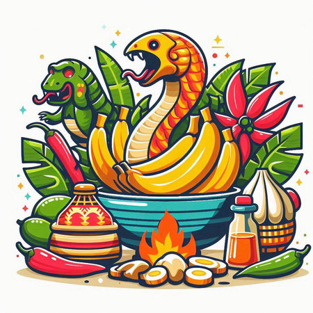 Vector illustration of snake in bowl with food and fire. Traditional indian cuisine.のイラスト素材