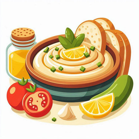 Bowl of hummus with lemons and tomatoes, vector illustrationのイラスト素材