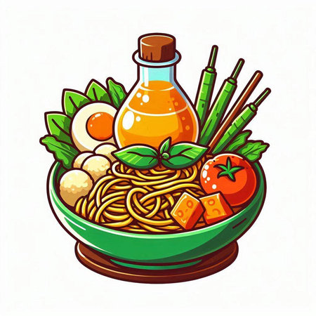 Noodles in a bowl with chopsticks and vegetables. Vector illustration.のイラスト素材
