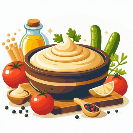 Vector illustration of a bowl of hummus with ingredients on a white backgroundのイラスト素材