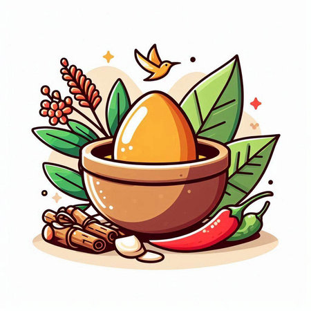 Eggs, spices and herbs. Vector illustration in cartoon style.のイラスト素材