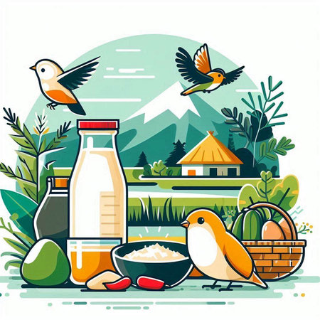 Vector illustration of milk products and birds on the background of nature.のイラスト素材