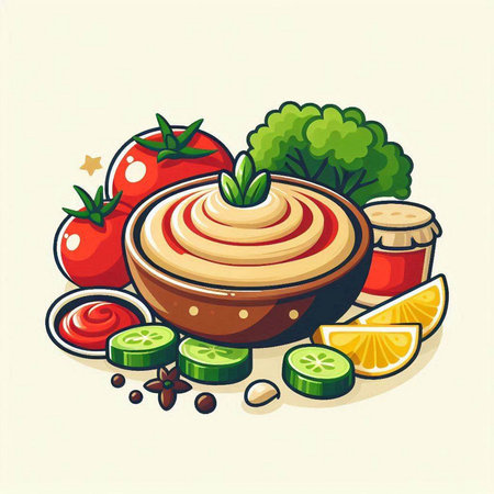 Tomato sauce in bowl with fresh vegetables and spices. Vector illustration.のイラスト素材