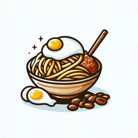 Illustration of a bowl of noodle with a spoon and eggのイラスト素材