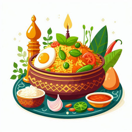 Vector illustration of a bowl of pilaf with rice, egg, vegetables and spices.のイラスト素材