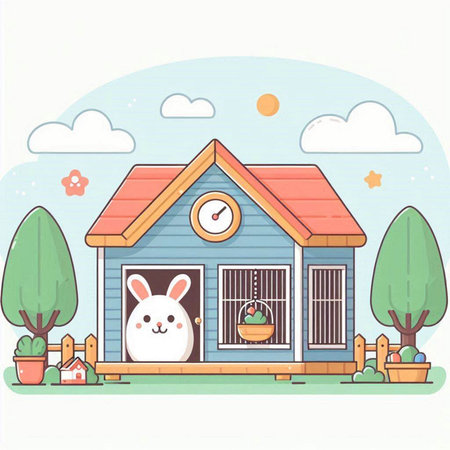 Vector illustration of a rabbit in a small house with a clock.のイラスト素材