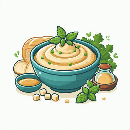 Bowl of hummus with herbs and spices. Vector illustration.のイラスト素材