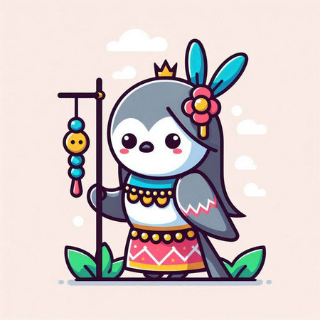 Cute penguin holding a stick. Cute cartoon character. Vector illustration.のイラスト素材