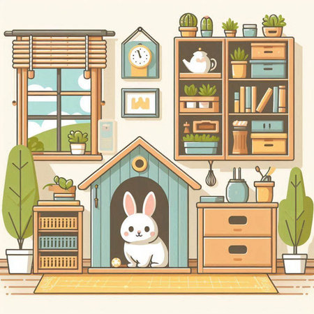 Interior of the living room with furniture and a rabbit. Vector illustrationのイラスト素材