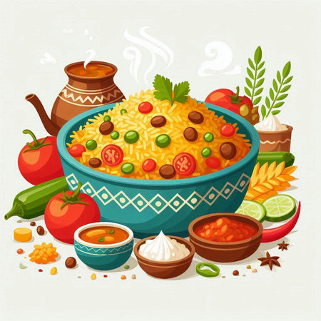 Pilaf in bowl. Traditional indian cuisine. Vector illustrationのイラスト素材