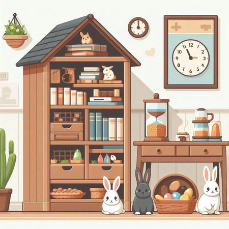 Cute cartoon home interior with bookshelf, fireplace, bookcase, rabbit and easter eggsのイラスト素材