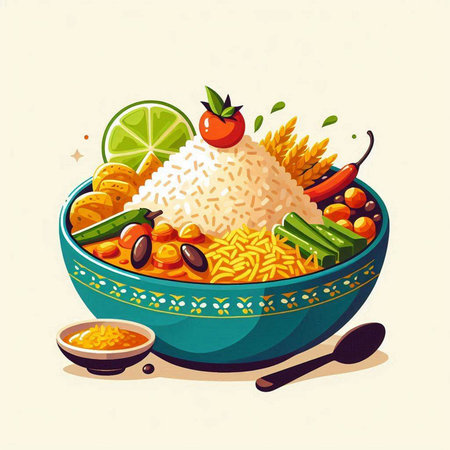 Illustration of a bowl of rice with vegetables and spices. Vegetarian food.のイラスト素材