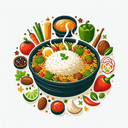Rice in a bowl with spices and vegetables. Vector illustration.のイラスト素材