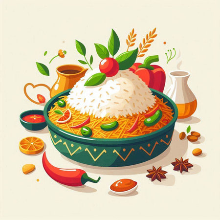 Nasi goreng. Traditional indonesian food. Vector illustrationのイラスト素材