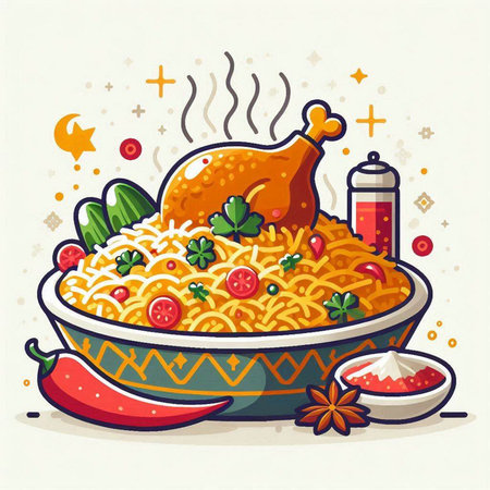 Illustration of a bowl of noodles with a chicken and vegetables.のイラスト素材