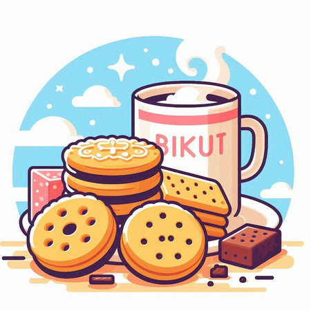 Cup of coffee and cookies. Vector illustration in cartoon style.のイラスト素材