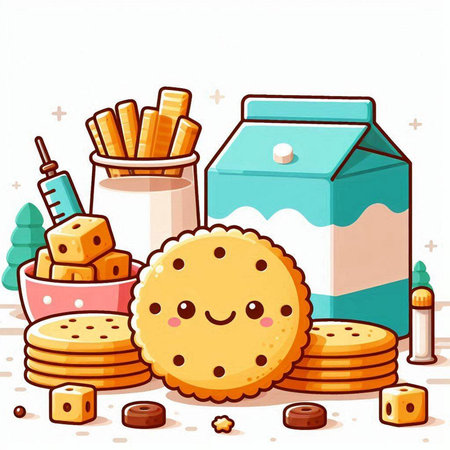Illustration of a Cute Cartoon Cheerful Cookies and Milkのイラスト素材
