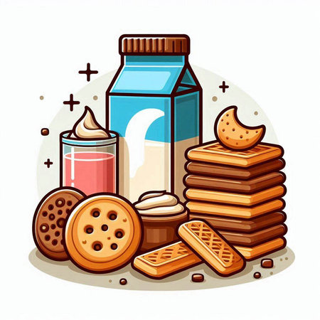 Vector illustration of a set of different types of milk and cookies.のイラスト素材