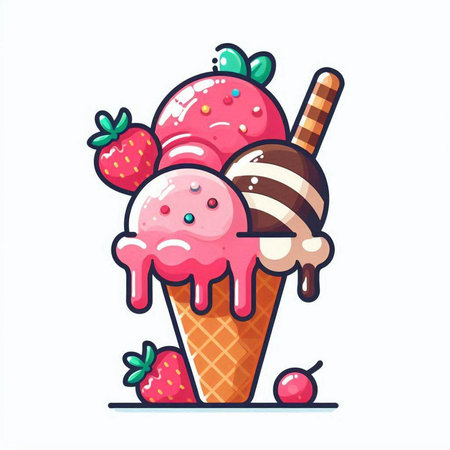 Strawberry ice cream in waffle cone. Vector illustration.のイラスト素材