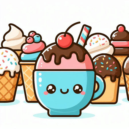 Cute ice cream cup cartoon vector illustration. Ice cream cup character.のイラスト素材