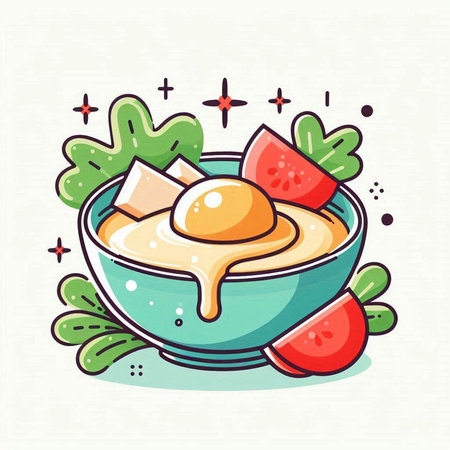 Bowl of healthy breakfast. Hand drawn vector illustration in cartoon style.のイラスト素材