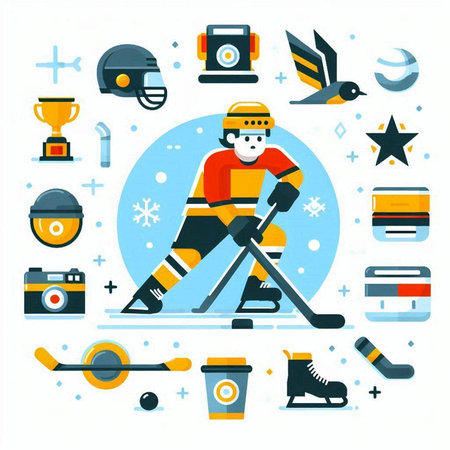 Ice hockey sport flat vector illustration. Ice hockey player, ice hockey player, sport equipment.のイラスト素材