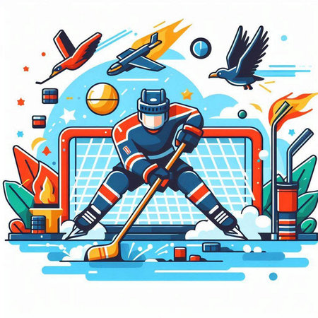 Ice hockey player with stick and puck. Vector illustration in cartoon style.のイラスト素材