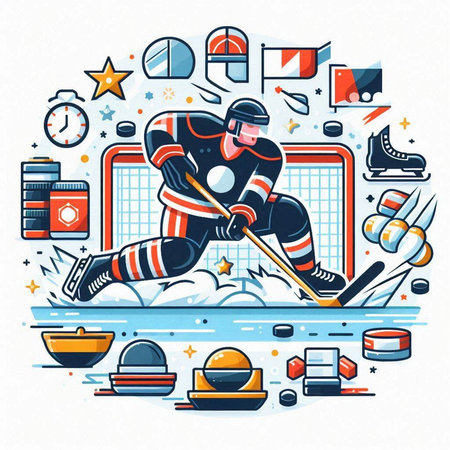 Hockey player on ice. Line art vector illustration for web and print.のイラスト素材
