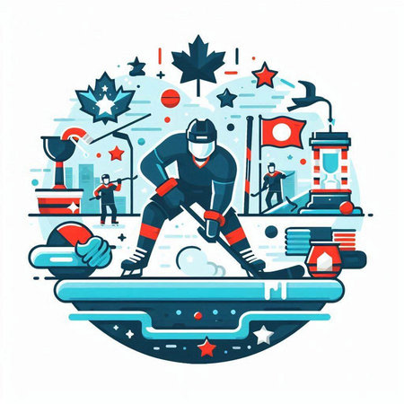 Hockey player on ice. Vector illustration in thin line style.のイラスト素材