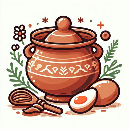 Hand drawn vector illustration of clay pot, eggs and sprigs of herbs.のイラスト素材