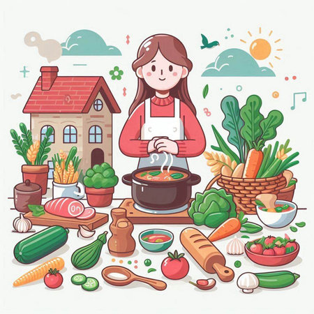 Young woman cooking in the kitchen. Healthy food concept. Vector illustration.のイラスト素材