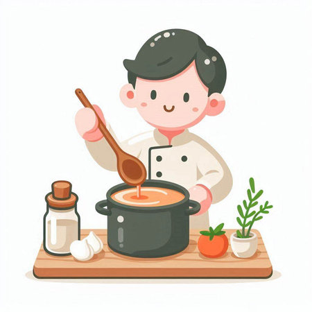 Cute boy cooking soup in the kitchen, cartoon vector illustration.のイラスト素材