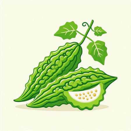 Bitter melon on a green background. Vector illustration of bitter melon.のイラスト素材