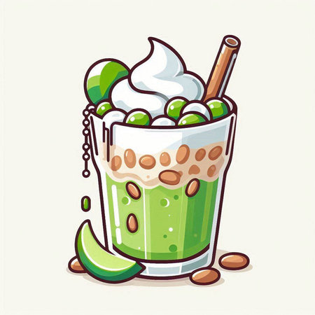 Matcha green tea latte with whipped cream and lime. Vector illustrationのイラスト素材
