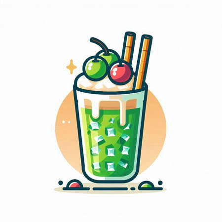 Iced green tea with whipped cream and cherry. Vector illustration.のイラスト素材