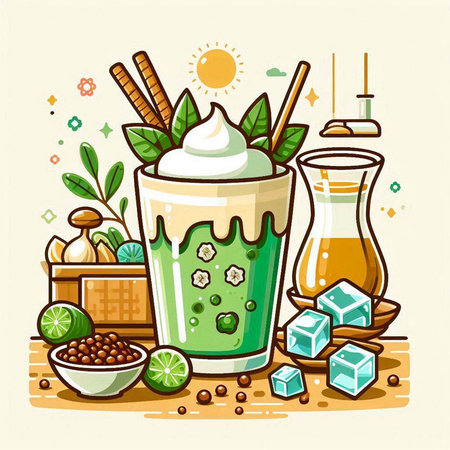 Matcha latte. Green tea with ice and mint. Vector illustration.のイラスト素材