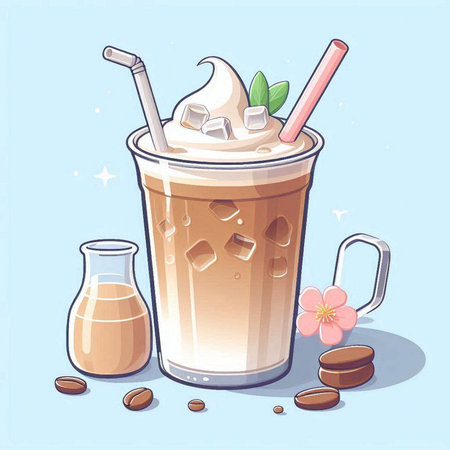 Iced coffee with milk in a glass. Vector illustration on blue background.のイラスト素材