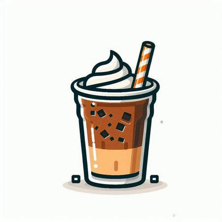 Iced coffee with whipped cream and straw in plastic cup vector illustration.のイラスト素材