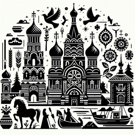 monochrome vector illustration with symbols of Russian culture and travel.のイラスト素材