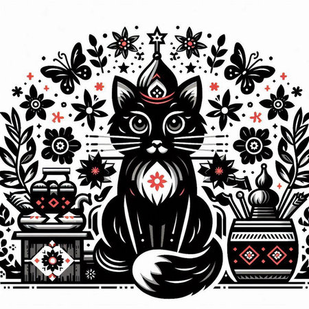 Black cat in the ethnic style. Vector illustration for your design.のイラスト素材