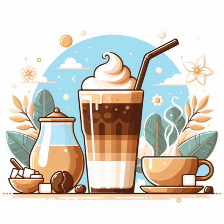 Coffee cup with whipped cream and coffee beans. Vector illustration.のイラスト素材
