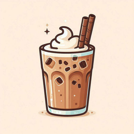 Iced coffee vector illustration. Iced coffee with whipped cream and cinnamon stick.のイラスト素材