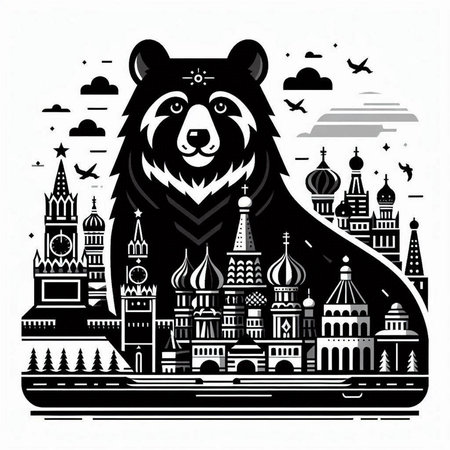 Vector illustration of a bear on the background of the Moscow Kremlin in black and white colorsのイラスト素材