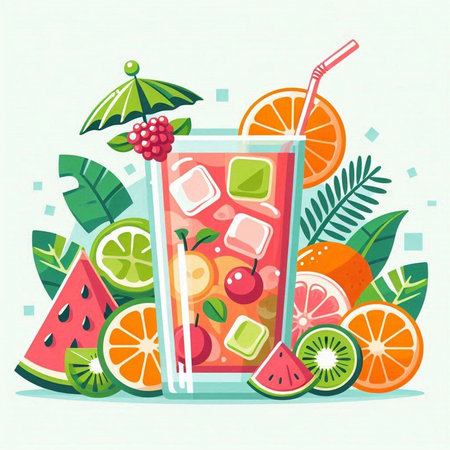 Cocktail with lime, orange, grapefruit, watermelon, lemon and mint. Vector illustrationのイラスト素材