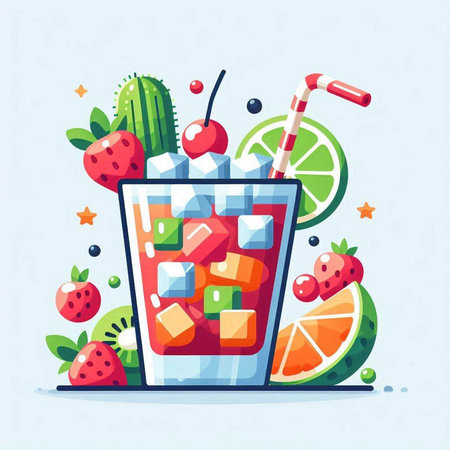 Cocktail with ice cubes, fruits and berries. Vector illustrationのイラスト素材