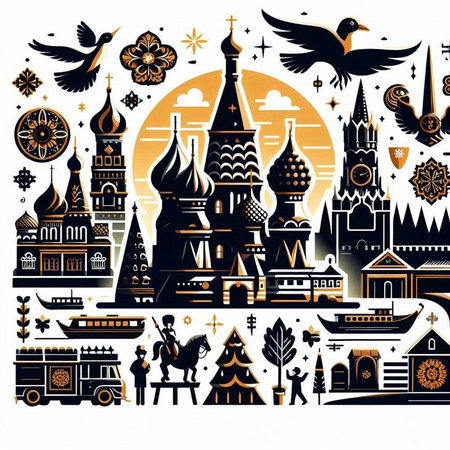 Russian city. Vector illustration in flat style. St. Basil's Cathedral, Cathedral of the Savior on Spilled Blood.のイラスト素材
