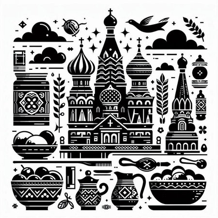 Russian culture. Symbols of Russia. Black and white vector illustration.のイラスト素材