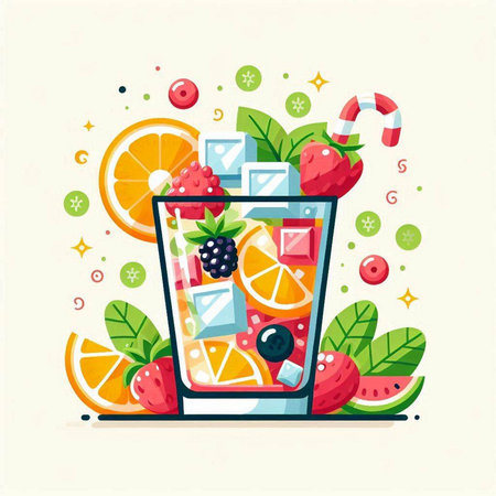 Cocktail with fruits and berries. Flat style vector illustration.のイラスト素材
